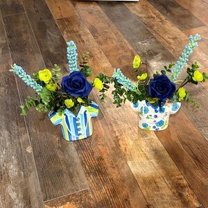 Floral & Striped Shirt Vase with Blue, Green and Yellow Accents & faux floral